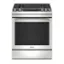 The image features a stainless steel oven with a black door, manufactured by Maytag. The oven has a silver handle and is designed to be built into a kitchen cabinet. The door is currently open, revealing the empty interior of the oven.