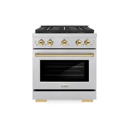 Front. ZLINE - ZLINE Autograph 30 in. 4.2 cu. ft. Freestanding Paramount Gas DuoPro Range in Satin Steel and Polished Gold Accents - Stainless Steel.
