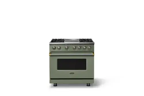 Front. Viking - 36"W. Pro5S 5.6 Cu. Ft. Freestanding Self-Clean Sealed 4B LP DF Convection Range/Grdl-Eucalyptus/Brushed Brass - Eucalyptus.