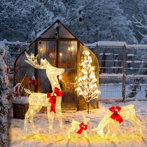 Costway 3 PCS Lighted Reindeer Family Set Pre-lit Christmas Decoration with 230 LED Lights - Gold