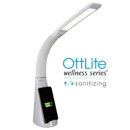 OttLite Purify LED Sanitizing Desk Lamp with SpectraClean Disinfection, 3 Brightness Settings, Wireless Qi Charging, & USB Port - White BUY IN SINGAPORE