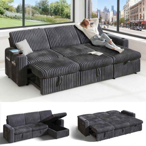 Vipbear - 101" Sectional Sleeper Sofa Bed with Pull Out Bed, L Shaped Couch Sleeper Sofa,Plush Corduroy Gray - Gray-Front_Standard 