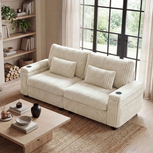 Dyonery - 91-inch modern-style double-seater sofa with charging cup holder and armrest storage, in wide corduroy, white - Beige-Front_Standard 