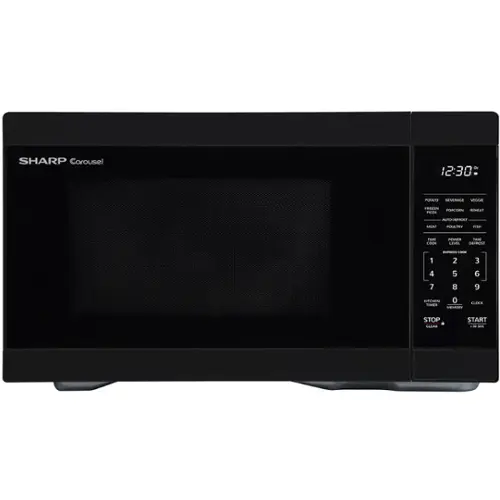 The image features a black Sharp Carousel microwave oven with a timer set at 12:30. The microwave is sitting on a countertop, and its display shows that it is currently set to defrost. The microwave has a variety of buttons on its front panel, including a stop button, a clear button, and a start button. The buttons are arranged in a row, making it easy for users to operate the microwave.