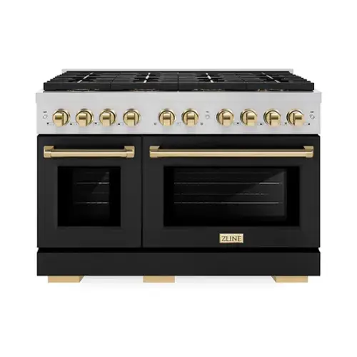 Front. ZLINE - ZLINE Autograph 48 in. Paramount Gas Range with 8 DuoPro Burners & Black Doors w/ Gold Accents (PSGRZ-BLM-48-G) - Stainless Steel with Black Matte Door.