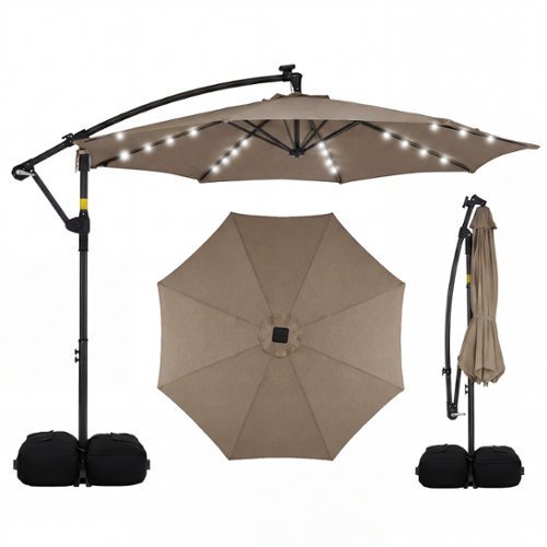 Costway - 10 FT Solar Offset Hanging Umbrella Patio Cantilever Umbrella with 32 LED Lights - Brown-Front_Standard 