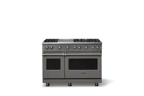 Front. Viking - 48 in. Wide 6 Burner Pro 5 Series 6.1 Cu. Ft. Freestanding Sealed Burner Gas Convection Range w. Griddle - Damascus Gray - Damascus Gray.