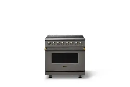 Front. Viking - 36 in. Wide 6 Elements Pro 5 Series 5.6 Cu.Ft. Freestanding Induction Convection Range with Brushed Brass Trim - Damascus Gray.