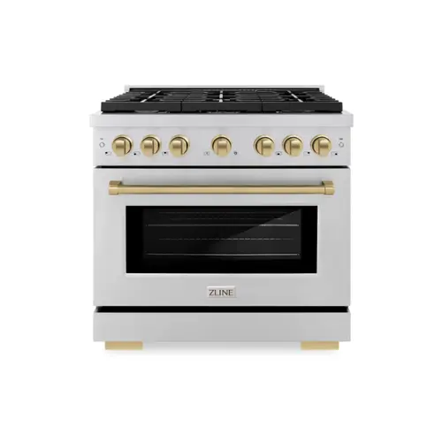 Front. ZLINE - ZLINE Autograph 36" Paramount Dual Fuel Range w/ 6 Burners & Champagne Bronze Accents (SDRZ-36-CB) - Stainless Steel.