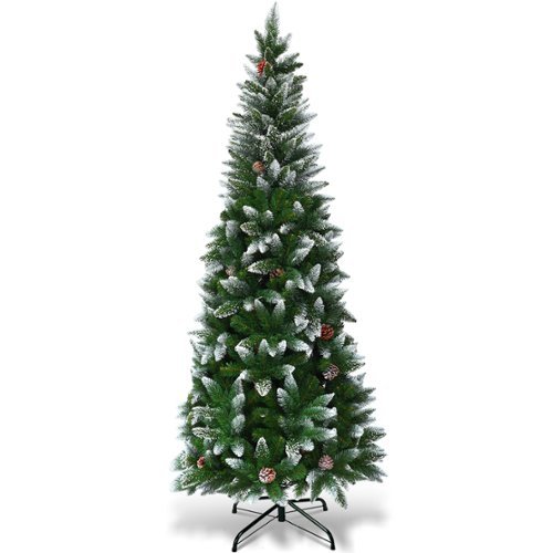Costway - Snow Flocked Unlit Pencil Christmas Tree Hinged Pine Cones - Green/White