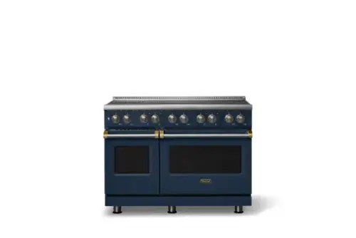 Front. Viking - 48 in. Wide 6 Elements Pro 5 Series 7.3 Cu.Ft. Freestanding 6 Element Induction Convection Range with Brushed Brass Trim - Slate Blue.