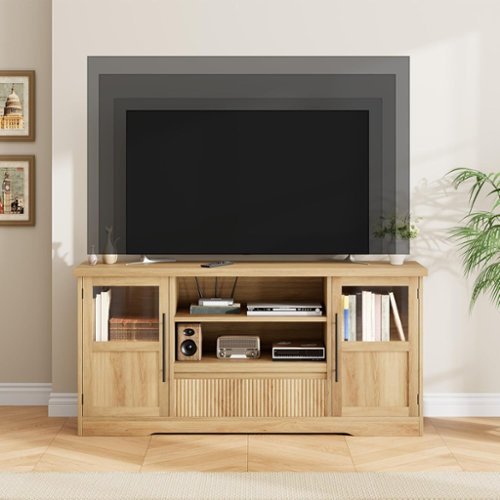 Acekool - Retro TV Stand for 75 Inch TV Media Console with 2 Glass Cabinets & Open Shelves - Oak-Front_Standard 