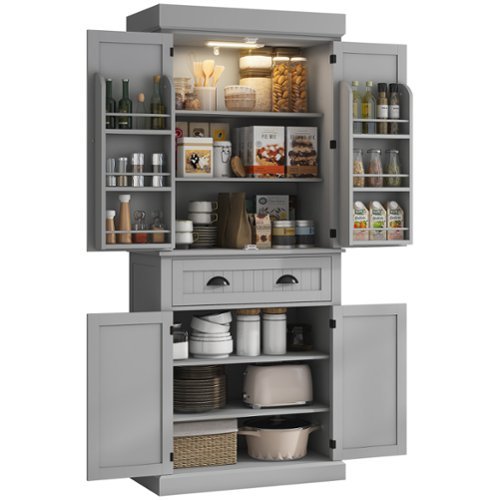 Homcom - 71" Kitchen Pantry Cabinet with LED Motion Sensor Light, Tall Storage Cabinet with 6 Door Shelves, Drawer & Adjustable - Gray-Front_Standard 
