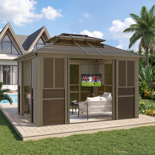 U-HOMY - Sunroom Gazebo with Double Roof, Adjustable Windows & Lockable Sliding Doors, All-Weather Solarium for Patio - 10' x 12'-Front_Standard 