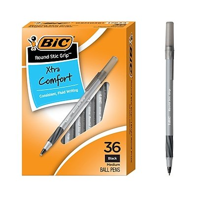 BIC America - BIC Round Stic Grip Xtra Comfort Ballpoint Pens, Medium Point, Black Ink, 36 Pack (GSMG361BLK)