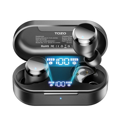 TOZO - T12 LED Display Bluetooth 5.3 Ear Buds, 55H Play, ENC Clear Call, IPX8, APP-32EQ, Stereo Powerful Bass, Wireless Charge - Black-Front_Standard 