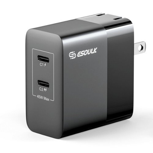 Esoulk - Premium 45W Dual PD USB-C Fast Charging Wall Adapter Charger for iPhone 17 Pro Max, Macbook Laptops - Black-Front_Standard 