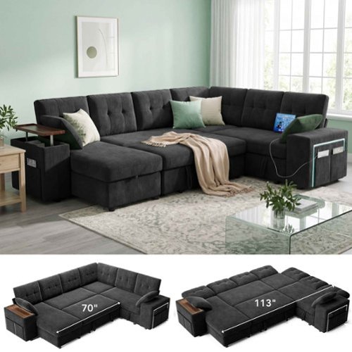 Dyonery - 7-Seat Modular Sectional Sleeper Sofa with Pull-Out Bed, Reclining Backrest, USB Ports, Table, LED Lights ,Black - Black-Front_Standard 