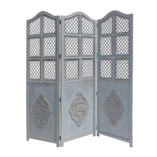 Manhattan Lane - Three Panel Wooden Room Divider with Traditional Carvings and Cutouts - Blue-Front_Standard 