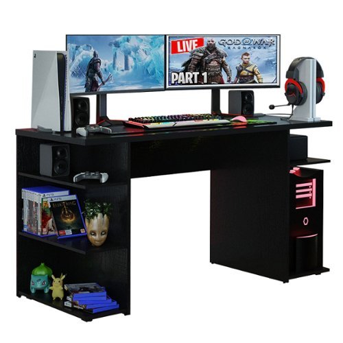 Madesa - Large Gaming Computer Desk 53 Inch with 5 Open Shelves - Black-Front_Standard 