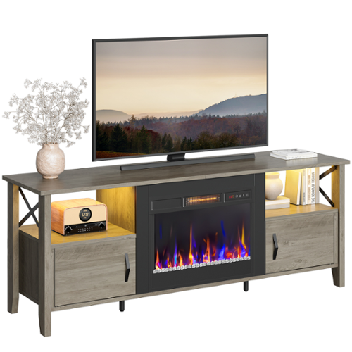 Bestier - 63-inch Fireplace TV Stand with RGB Lights & Adjustable Storage Shelves - Washed Grey-Front_Standard 