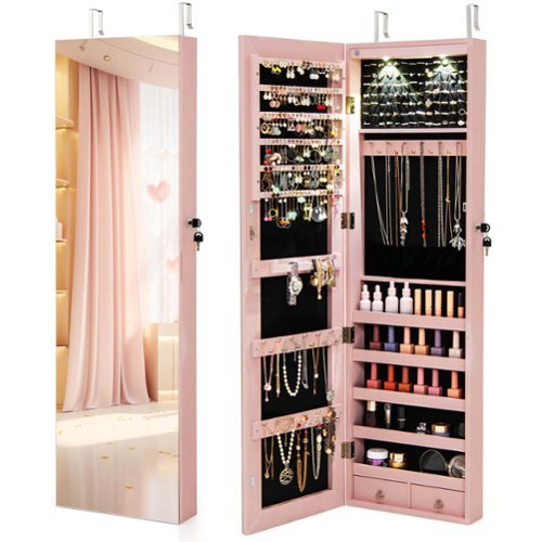Costway Mirrored Wall & Door Mounted Jewelry Cabinet Storage Organizer with Lights&Drawer - Pink