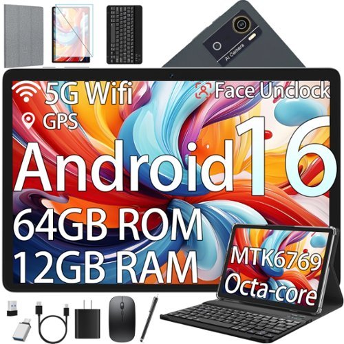 FEONAL - Android 16 Tablet, 10 Inch Tablet, 12GB RAM 64GB ROM, MTK6769 Octa-Core,5G WiFi, Electronics Tablets with Keyboard Mouse - Gray-Front_Standard 