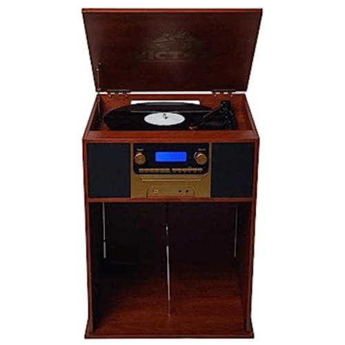 Victor Audio - Boyleston 7-in-1 3-Speed Turntable Music Center w Album Storage and USB Port - Mahogany-Front_Standard 