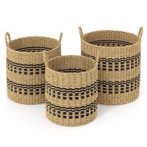 Costway - Seagrass Basket Set of 3 Stackable Storage Bins w/ Handles Home Organizers - Natural-Front_Standard 