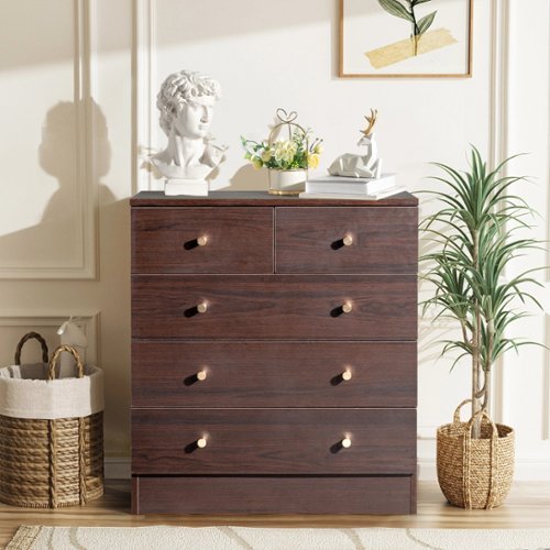 Kadyn - 5 Drawer Dresser with Gold Handle, Nursery Dresser Chest Of Drawers Organizer - Brown-Front_Standard 