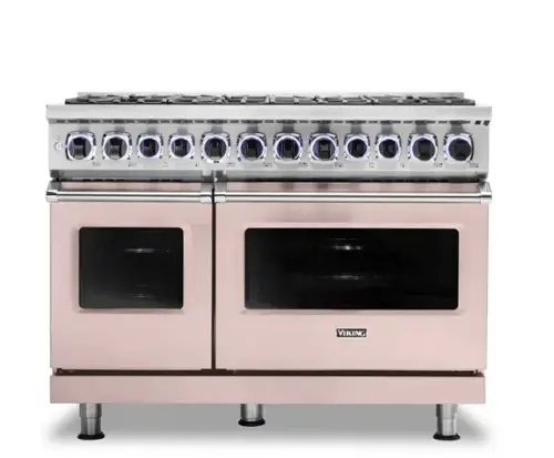 The image features a large, stainless steel Viking oven with a pink exterior. The oven has a total of 14 burners, including six burners on the top and eight burners on the bottom. The oven is designed for commercial use and is likely to be found in a restaurant or professional kitchen setting.