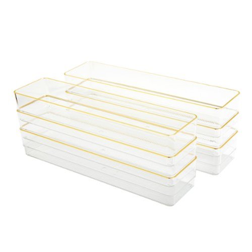 Martha Stewart - Kerry Set of 6 Plastic Stacking Desk Drawer Organizers with Gold Trim - 12 x 3 - Clear/Gold Trim-Front_Standard 