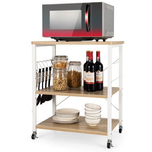 Costway - 3-Tier Kitchen Baker's Rack Microwave Oven Storage Cart w/ Hooks - Maple-Front_Standard 