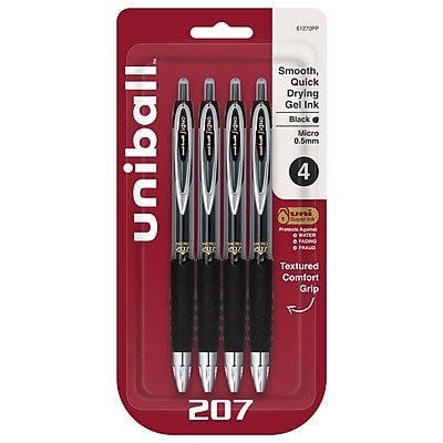 uni-ball - 207 Retractable Gel Pens, Micro Point, Black Ink, 4/Pack (61270)