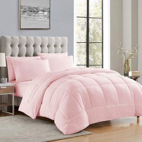 Sweet Home Collection - All Season Reversible Bed-in-A-Bag Solid Color Comforter & Sheet Set, Queen - Pale Pink-Front_Standard 