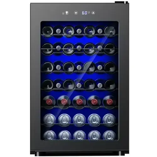 Front. SIMZLIFE - 45 Bottle Wine Cooler Refrigerator,Built-in Wine Fridge with Stainless Steel Glass Door,Ideal for Home, Kitchen & Office - Black.
