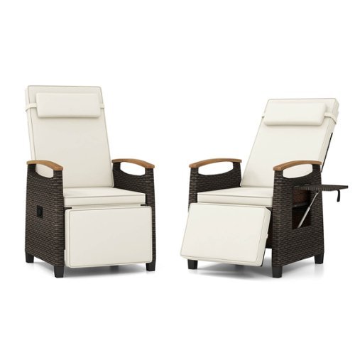 Costway - 2 PCS Patio Wicker Recliner Chair with Adjustable Backrest Footrest Flip Side Table - White-Front_Standard 