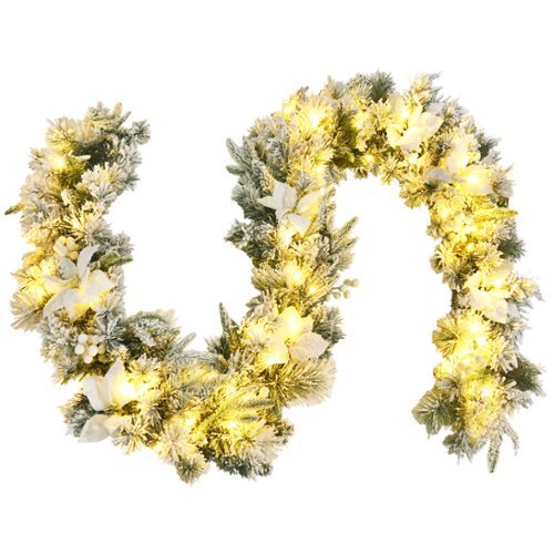 Costway Pre-lit Snowy Christmas Garland w/ Berries Poinsettia Flowers Timer