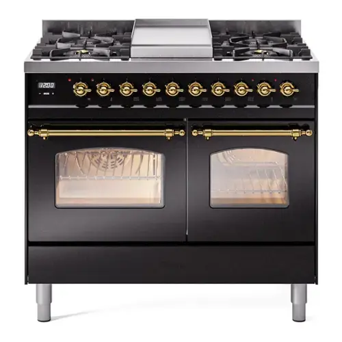 Front. ILVE - ILVE Nostalgie II 40 inch Dual Fuel Range with Double Ovens, 6 Burners and Griddle (Glossy Black, Brass) - Glossy Black.