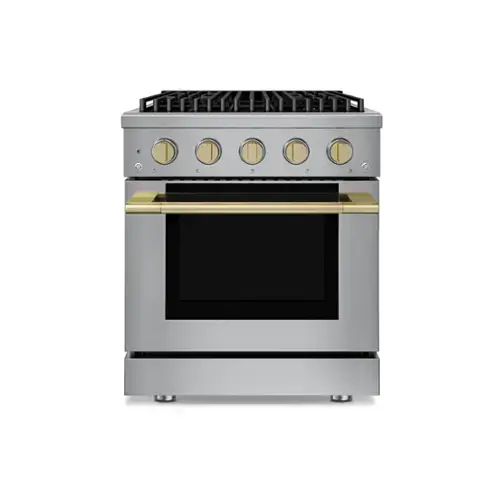 Front. Hauslane - HausPro 30 in. 4 Burners Gas Range in Satin Brass with 20,000 BTU and Convection Oven with 5 Rack Positions - Satin Brass.