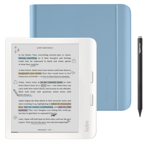 Kobo - Libra Colour (White) eReader with Black Stylus 2Gen Bundle - 2024 - Dusk Blue Notebook SleepCover-Front_Standard 