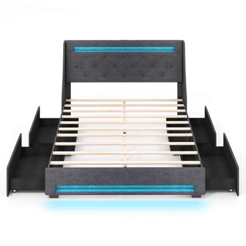 Costway Queen Size Bed Frame with LED Lights & Charging Station Upholstered Platform Bed - Gray