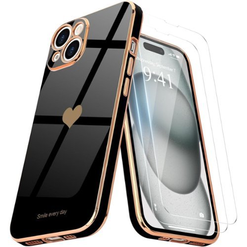 Entronix - iPhone 14 Bundle - Glossy Heart Case with 2 Clear Screen Protectors - Black-Front_Standard 