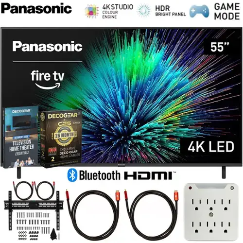 Panasonic 4K Studio Colour Engine HDR + Bright Panel Game Mode  
Panasonic 55" Fire TV  
Decogear CPS Bundle 26 Month  
Beginners Guide Television Home Theater Essentials  
Exclusive Gear Decogear HDMI Cables  
Premium Protection Plan  
Bluetooth HDMI  
4K LED