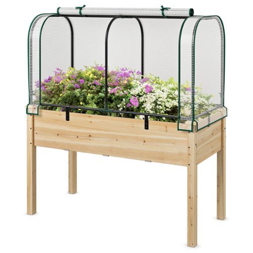 Costway - Wood Raised Garden Bed with Greenhouse Cover Mini Portable Greenhouse Kit - White+Beige-Front_Standard 
