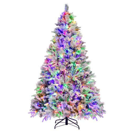 Costway - 7 FT Pre-Lit Snow Flocked Christmas Tree Hinged Xmas Tree with 8 Modes 320 Lights - Green/White