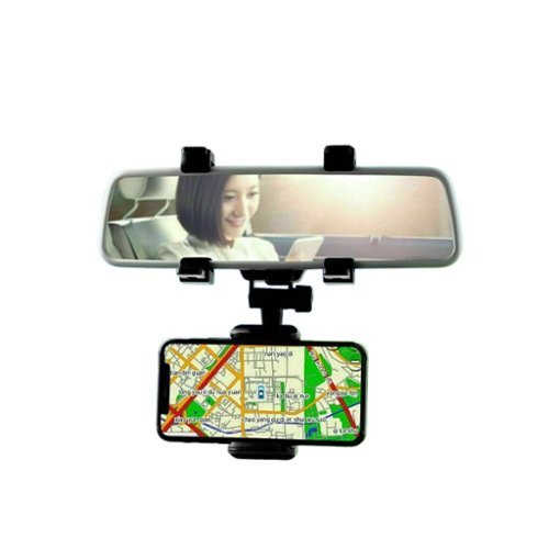 Stock Preferred - Universal 360° Rotation Rear View Mirror Car Phone Holder – Adjustable Clip Mount for GPS & Smartphones - Black-Front_Standard 