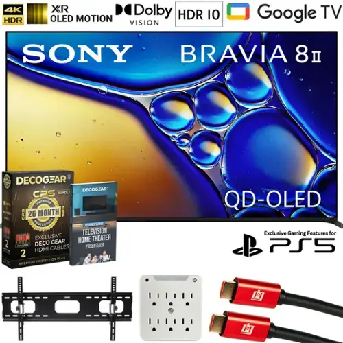 Sure, here is the corrected and grouped text from the image:

---

**SONY BRAVIA 8 II**

- **4K HDR**
- **X-R OLED MOTION**
- **Dolby VISION**
- **HDR 10**
- **Google TV**
- **QD-OLED**
- **Exclusive Gaming Features for PS5**

**DECOCGEAR CPS BUNDLE**
- **26 MONTH PREMIUM PROTECTION**
- **EXCLUSIVE DECOCGEAR HDMI CABLES**
- **TELEVISION HOME THEATER ESSENTIALS**
- **BEGINNER'S GUIDE**

**INCLUDES:**
- **2 HDMI CABLES**
- **CABLE MANAGEMENT SYSTEM**
- **POWER STRIP**

---