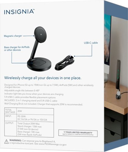 Insignia™ 20W Qi2 Certified Fast Charge 2-in-1 Wireless Charging Stand for iPhone, AirPods, and Other Wirelessly Charged Devices - Black BUY IN AUSTRALIA