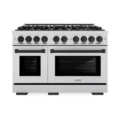 Front. ZLINE - ZLINE Autograph Edition 48" Freestanding Select Gas Range w/ 8 Burners & Matte Black Accents (HGRZ-48-MB) - Stainless Steel.